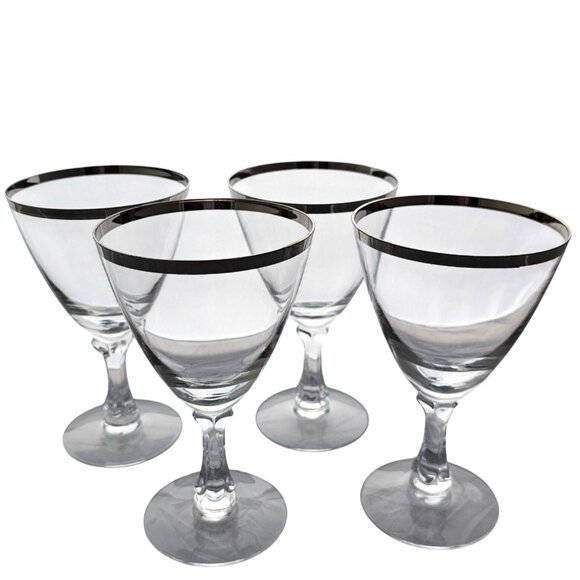 Fostoria Other - 4 Fostoria Wedding Ring Water Glasses 6" vtg banded silver trim wine stem toasti